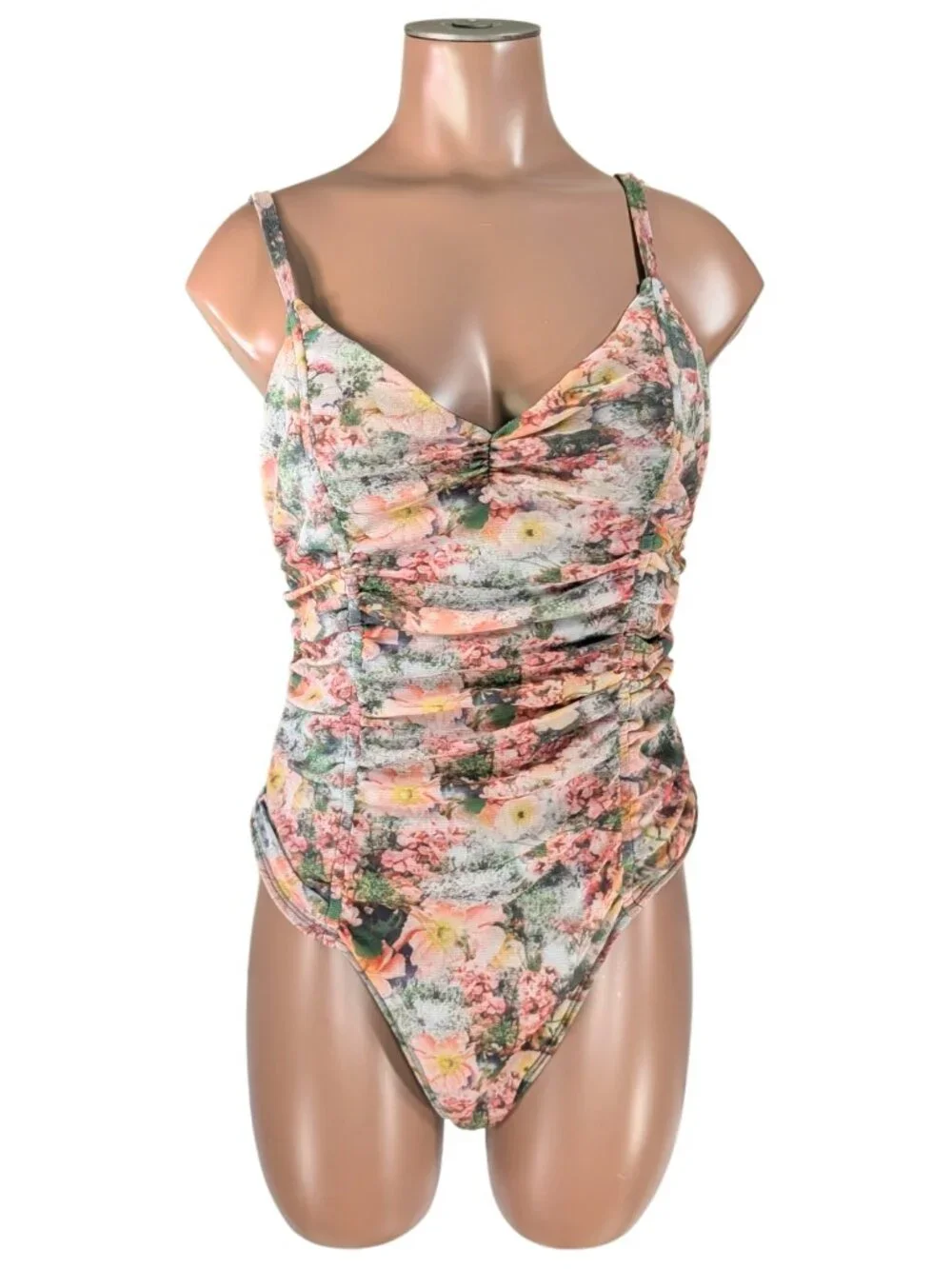 Out From Under Large Floral Lace Lined Adjust Strap Ruched Romantic Body Suit